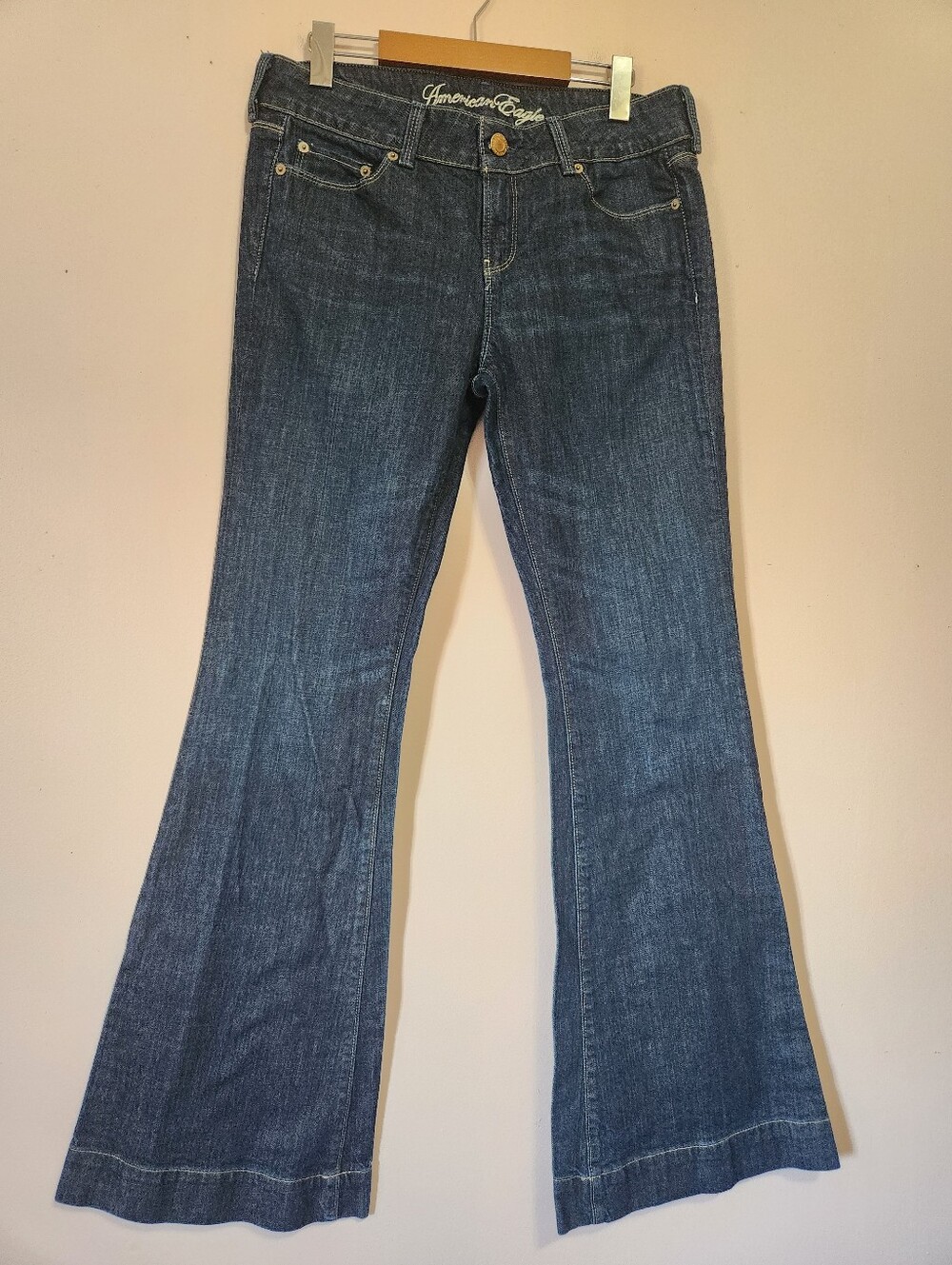 ​Y2K American Eagle AE77 Flare Jeans Dark Wash Embroidered Pockets Size 10 EUC